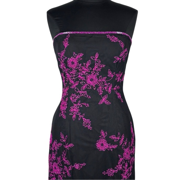 VINTAGE Y2K CACHE BEADED HOCO PROM STRAPLESS HOT PINK BLACK DRESS FORMAL GOWN - Picture 6 of 15